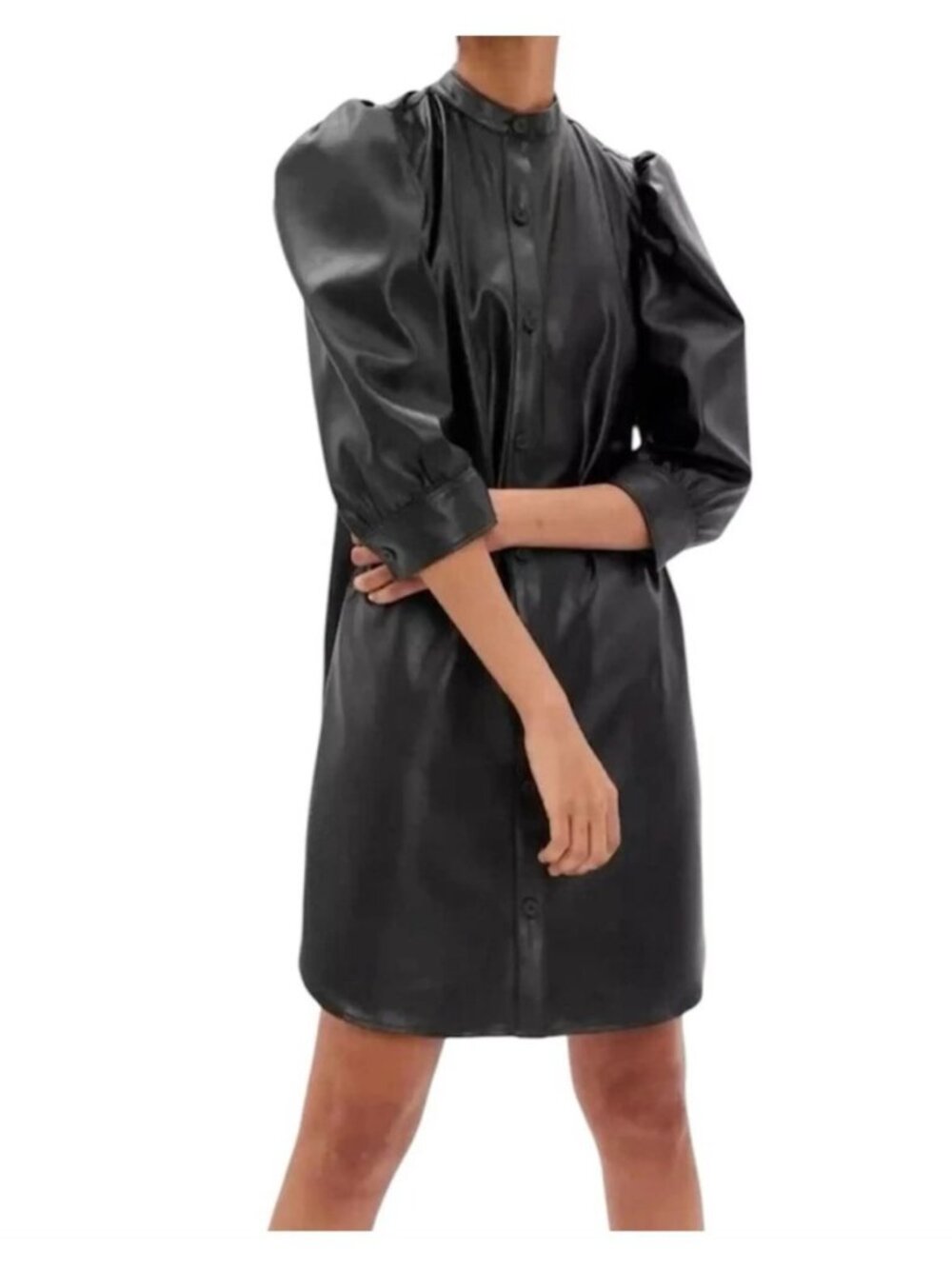 GAP Black Puff Sleeve Faux-Leather Mini Shirtdress Size M New Button Dress